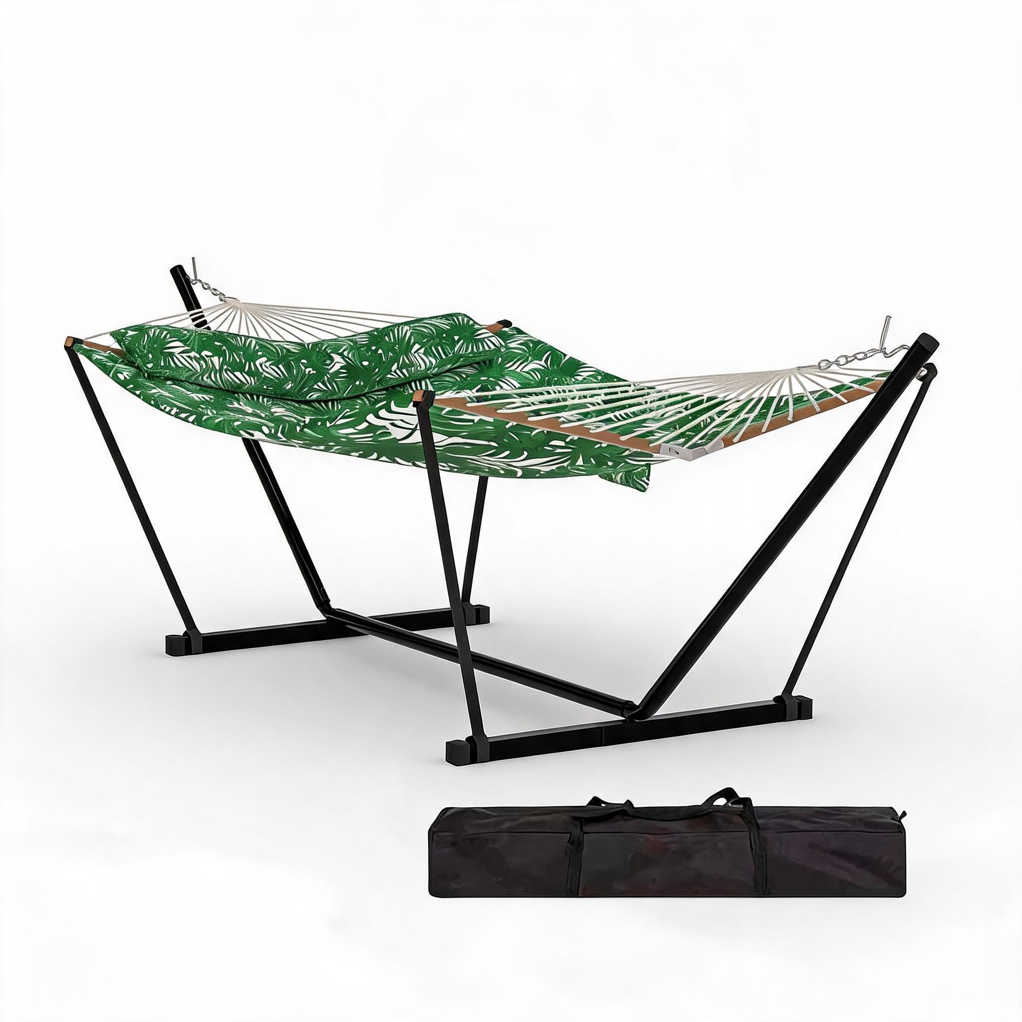 Cachpib 12FT Garden Hammocks 2 Person with Heavy Duty Steel Stand, Large Hammock with Wooden Spreader Bar & Detachable Pillow, 204kg Capacity, Indoor and Outdoor Hammock for Patio, Pool or Backyard