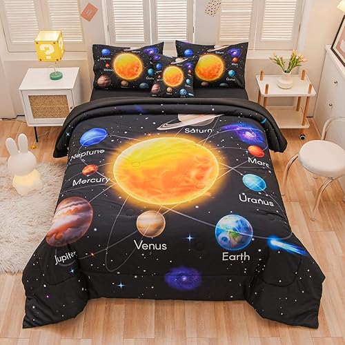 Miniatura 7 de Tasselily Juego de edredón individual de 6 piezas para niños, edredón de planeta del universo del sistema solar, juegos de ropa de cama espacial con
