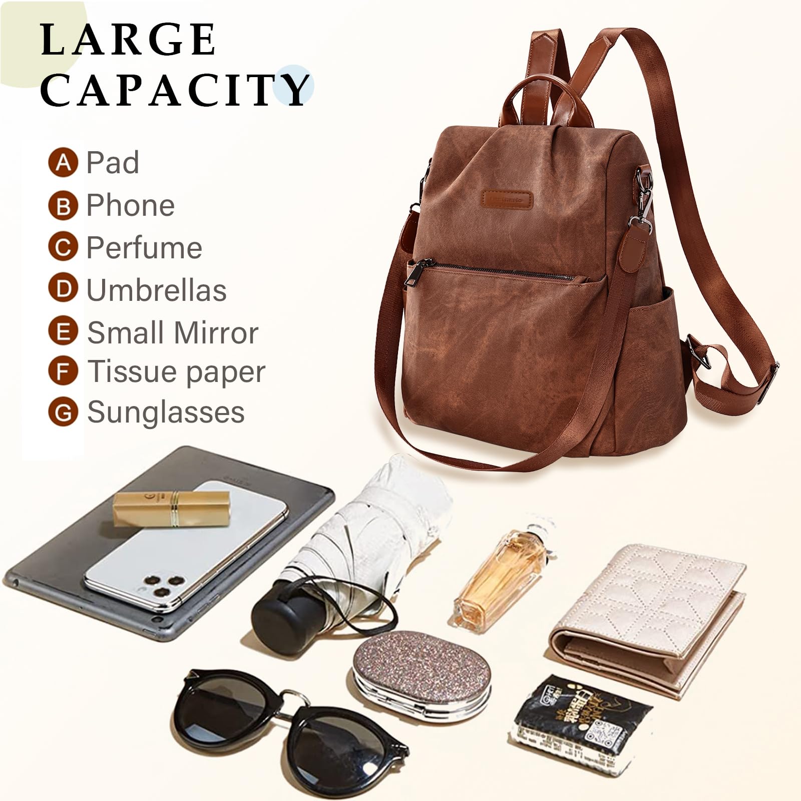 Leathario Rucksakck Damen klein,Veganes Leder Cityrucksack,Rucksackhandtasche Diebstahlsicher,Elegant Tagesrucksack für Büro,Pendeln,Arbeit,Leicht Mittelgroß Backpack Women für Reise, Ausflug Braun