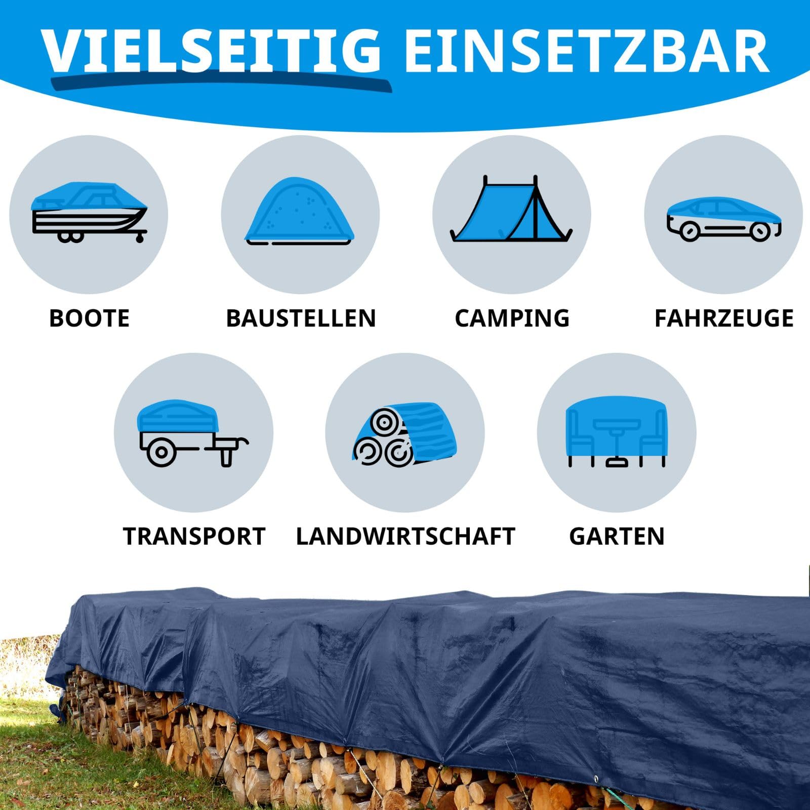 KARAT Bâche 140 g/m² imperméable 8 x 14 m Bleu Bâche multi-usages pour protection contre les intempéries – Idéal pour le jardin – Résistante aux UV, revêtue des deux côtés, imperméable et lavable