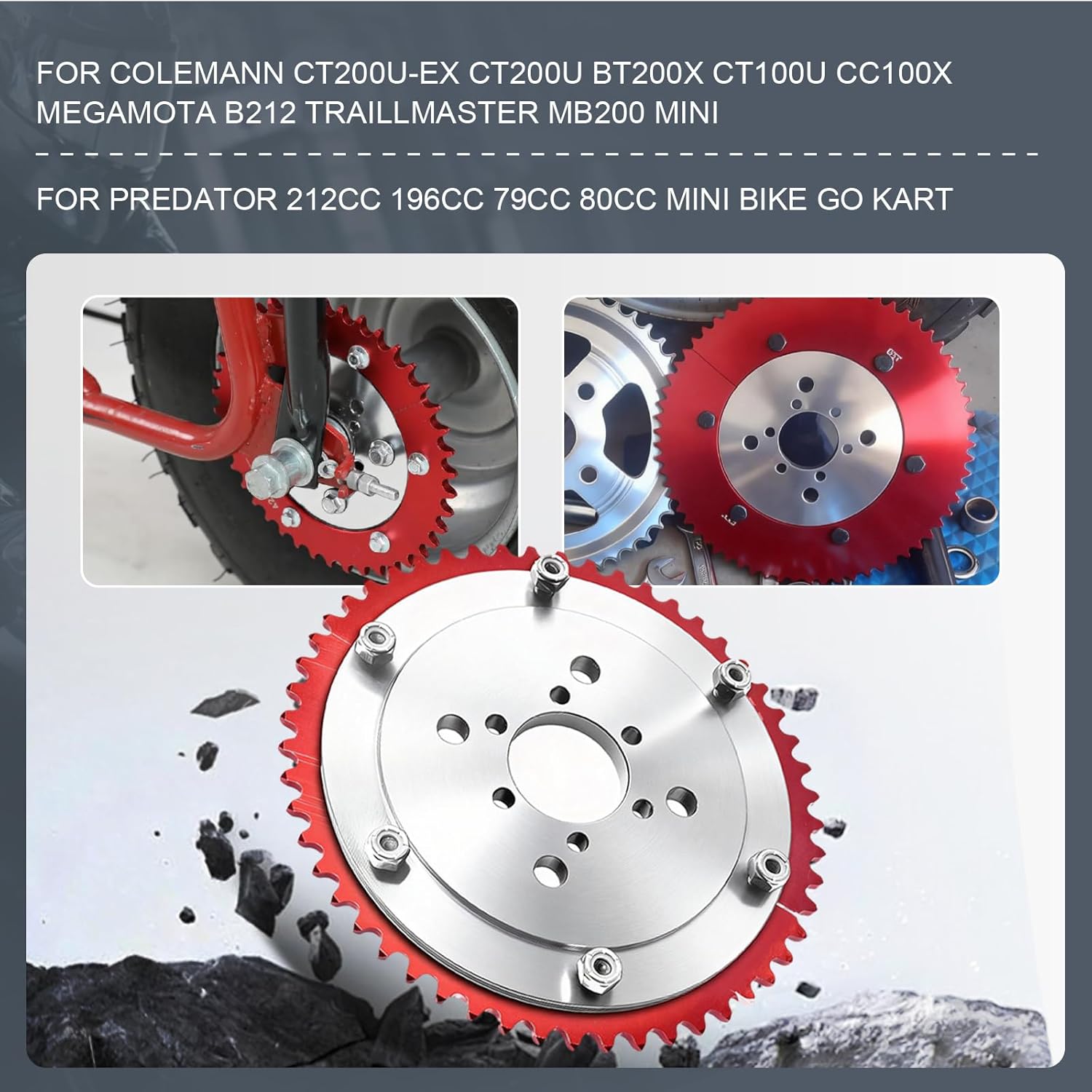Universal 35 Chain 64T Split Sprocket with Adapter for Predator 212cc 196cc 79cc Go Kart Mini Bike CT200U-EX CT200U BT200X CT100U MB200 MBX11 Motorcycle Silver