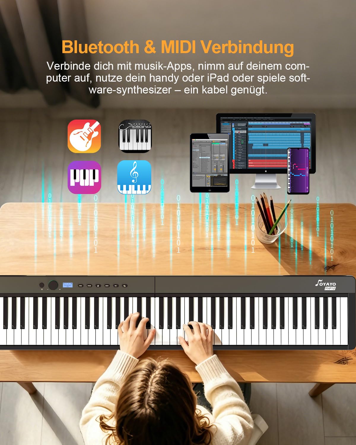 OYAYOFaltbares 88 Tasten Gewichteten Tasten Digitalpiano, Bluetooth MIDI & Audio, 128 Klänge & Rhythmen, 2600mAh Akku Stereolautsprecher, Elektronisches Klavier für Einsteiger & Musiker