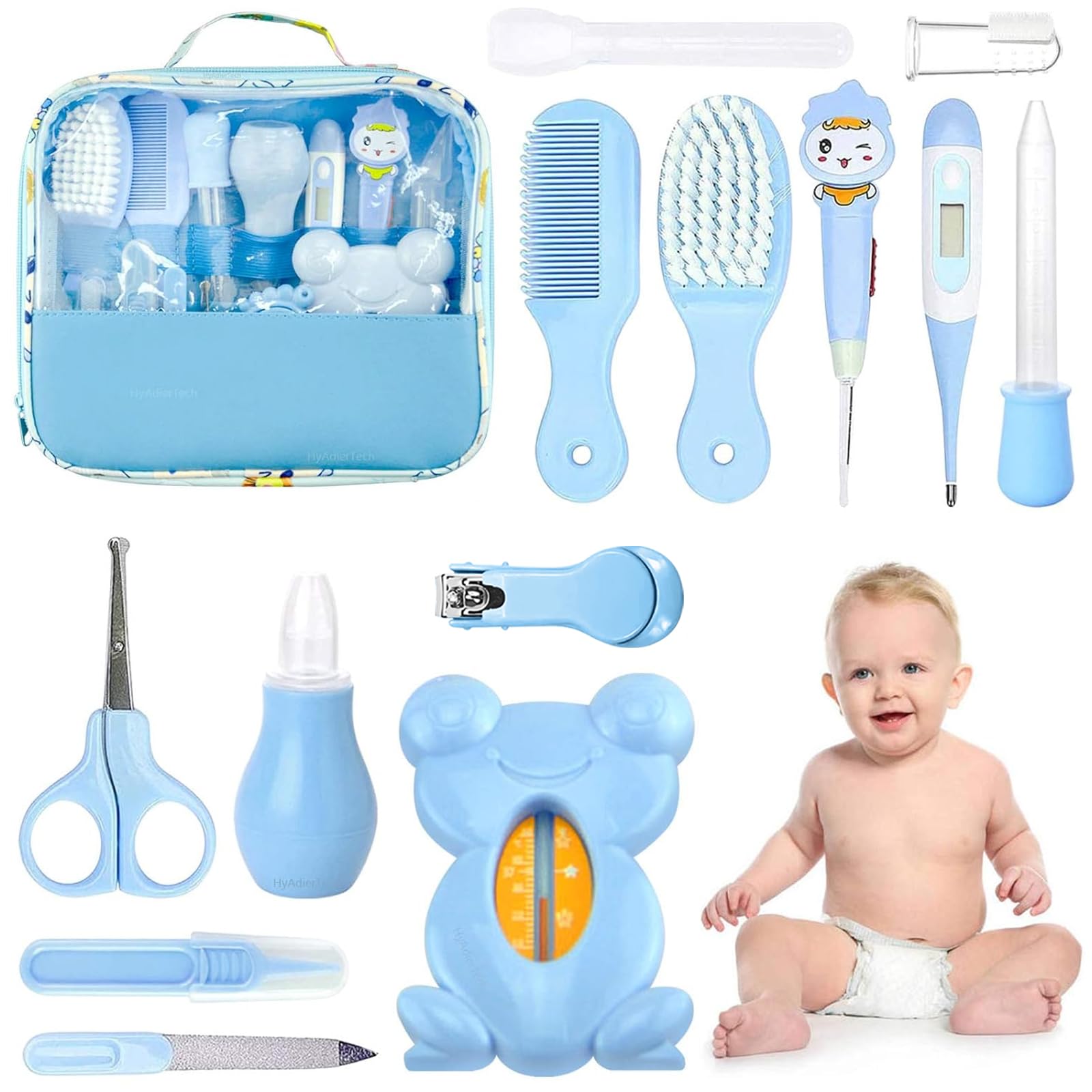 Trousse de Soin Bébé, HyAdierTech 13 Bébé Naissance Set, Kit de Soin Bébé, soins bébé Infirmière nouveau-né Bébé Clou Cheveux Soins de santé Des gamins Thermomètre Toilettage Brosse Trousse (Bleu)