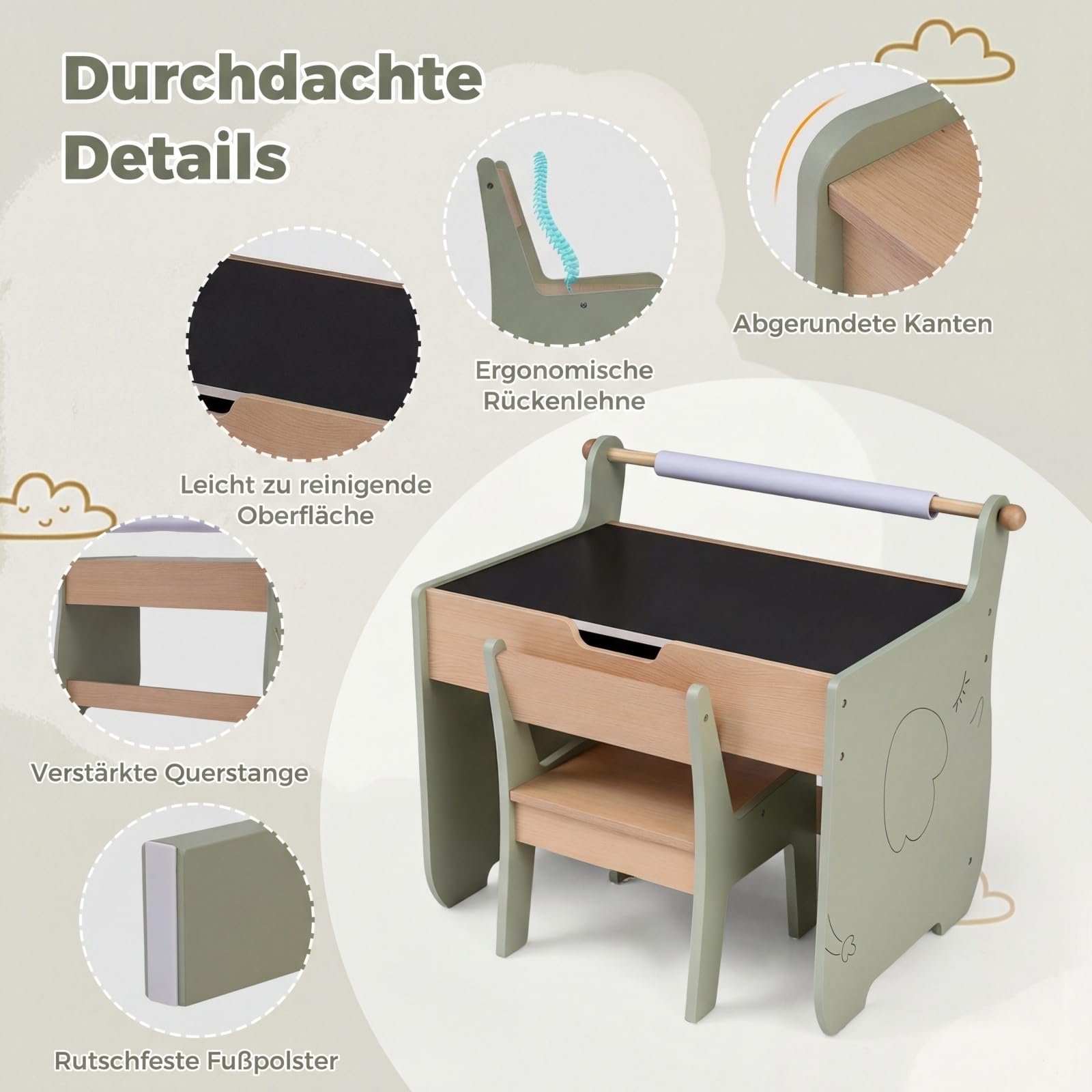 COSTWAY Kindertisch mit Stuhl, 4 in 1 Kindersitzgruppe aus Holz mit wendbarer & abnembarer Tischplatte, Kinder Maltisch mit Stauraum & Papierrollenhalter, Sitzgruppe für Kinder ab 3 Jahren