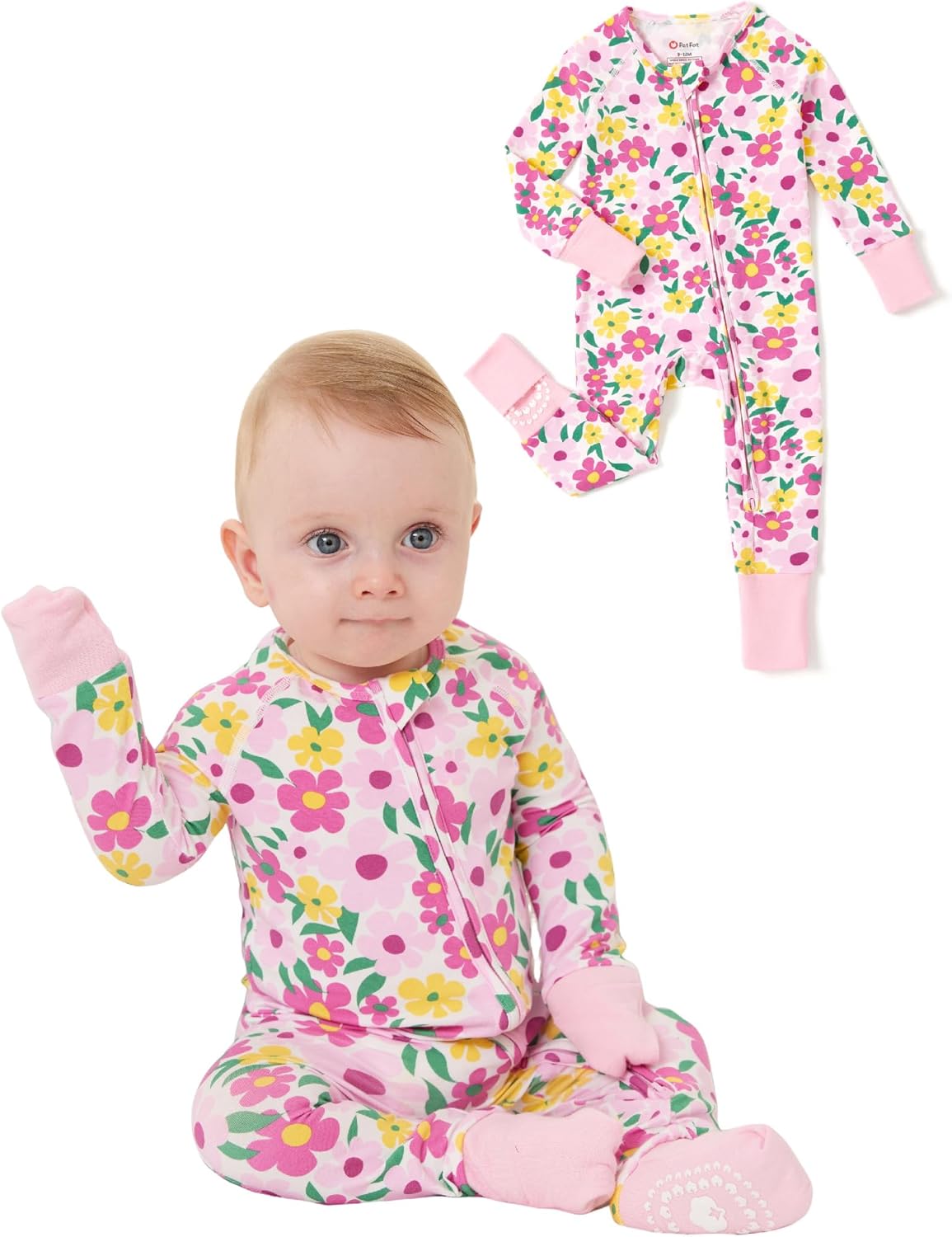 PATPAT Organic Cotton Baby Footie Pajamas with Two-Way Zipper & Fold-Over Mittens, Soft Stretchy Romper for Newborn Boy Girl