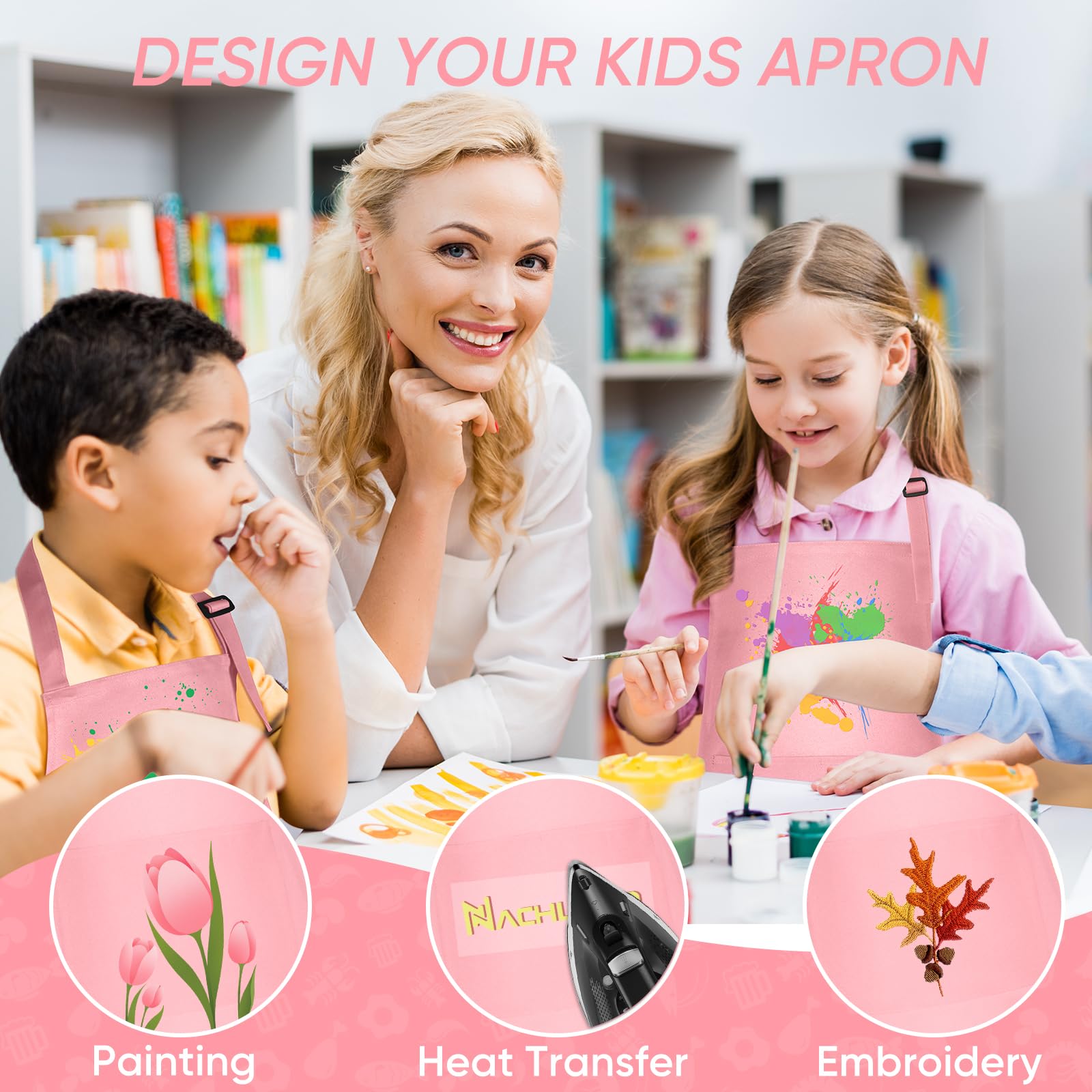 NACHLYNN 4-Piece Kids Apron - Adjustable, Pink, 18 x 24 Inches, Polyester, Waist, Unisex-Kids, 2 Pockets, Cooking & Painting - Image 4