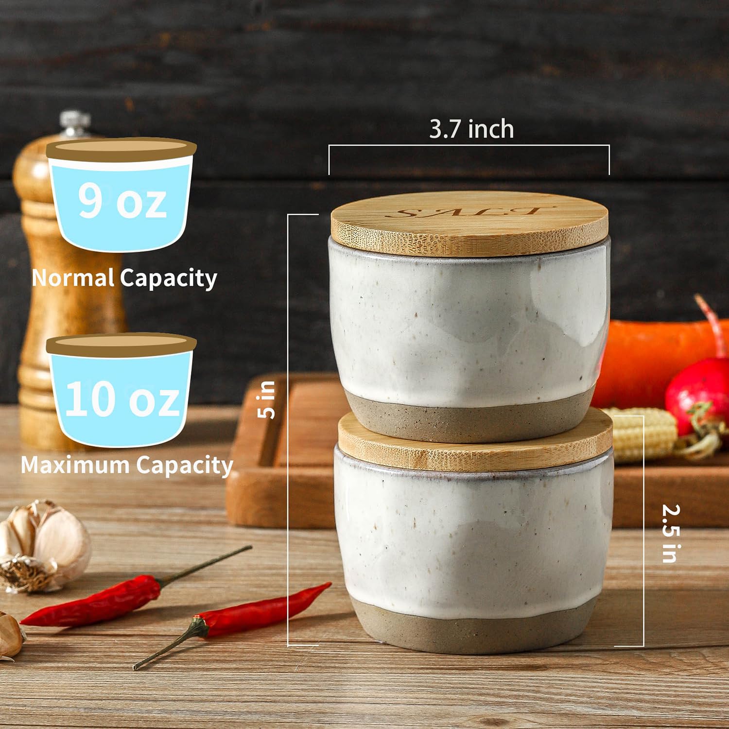 Sizikato 2 Pcs Porcelain Condiment Pot with Bamboo Lid, 10 Ounces Salt Bowl Pepper Bowl for Kitchen
