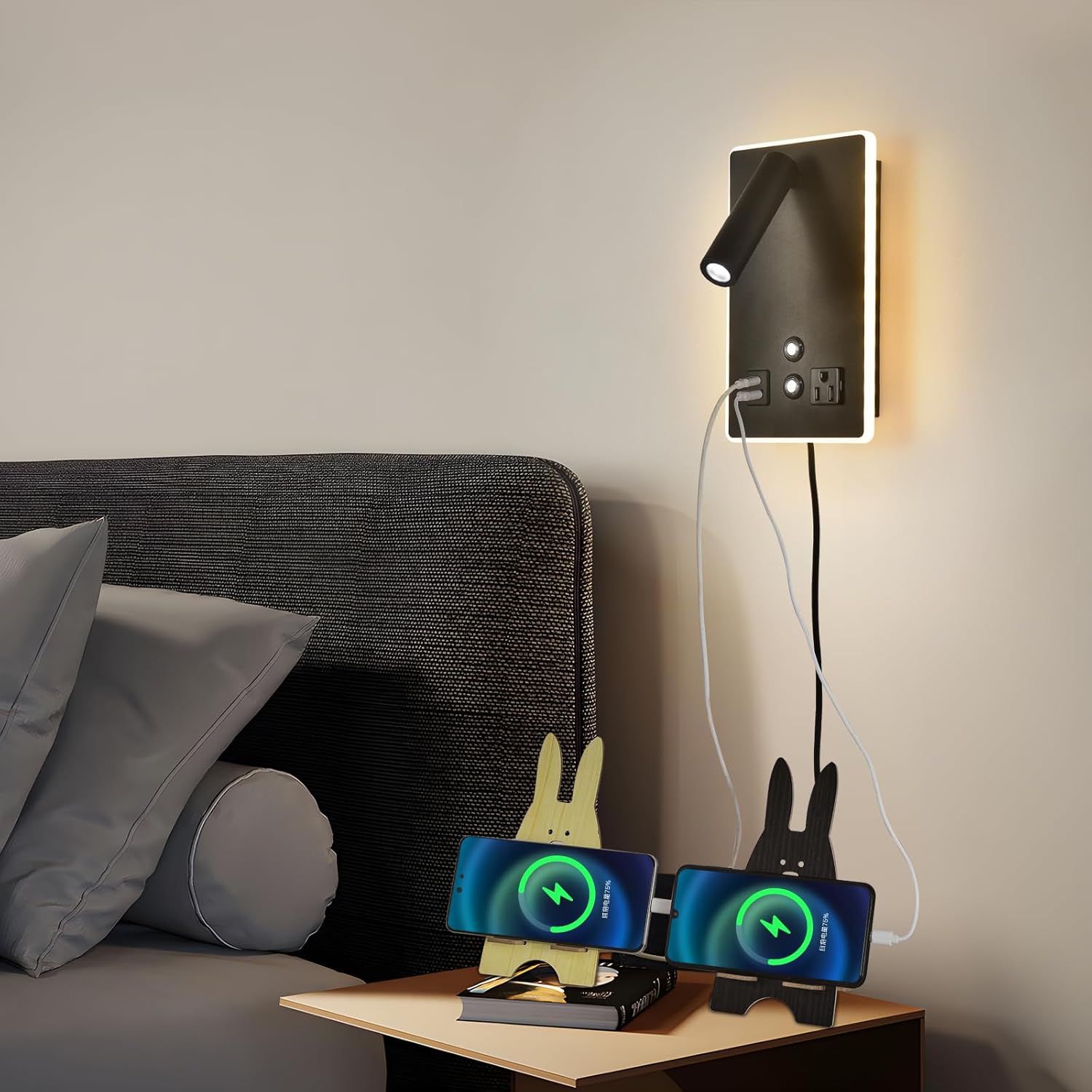 Dimmable Plug in Wall Sconce with Touch Switch,Headboard Bedside Wall Lamp,Multifunction Wall Light with USB C+A Ports,Adjustable Wall Mounted Reading Light,3 Color Temperature(Black)