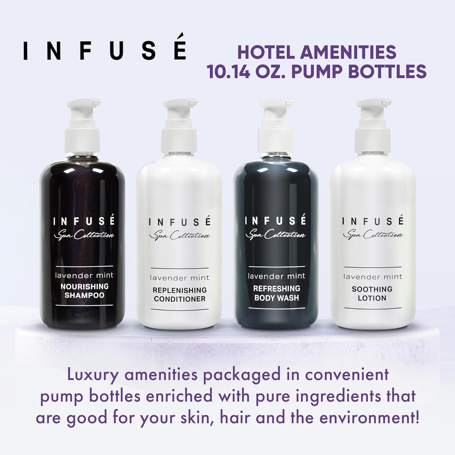 1-Shoppe Infuse Lavender Mint Spa Collection Amenities Set | 10.14 oz Pumps | Shampoo, Conditioner, Hand/Body Wash, Lotion - Image 2