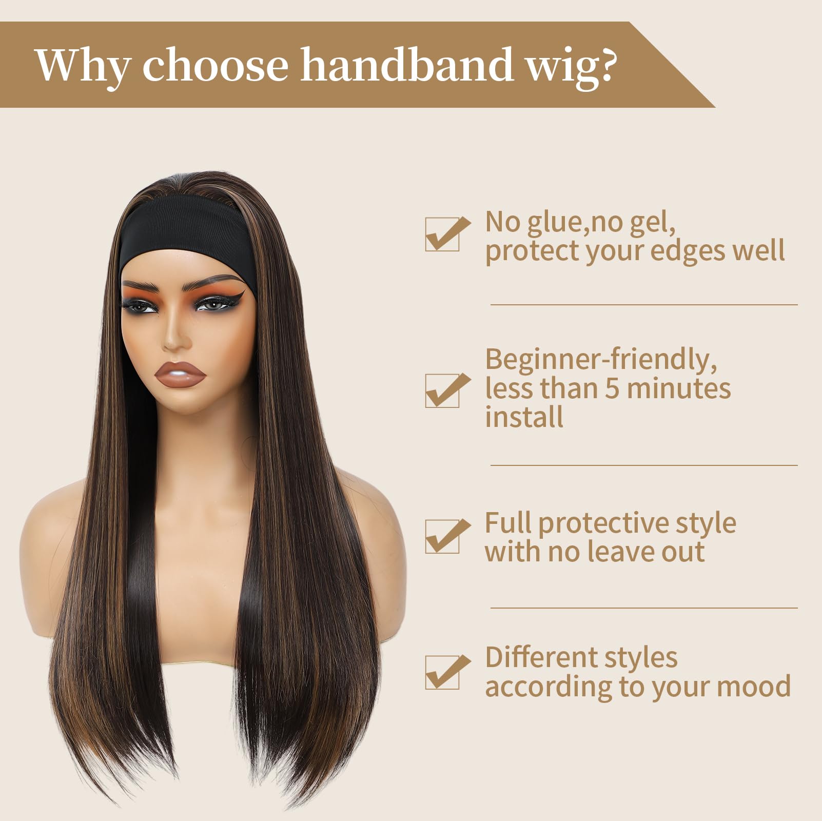 Yacurcur Headband Wigs Silky Straight Hair Glueless Headband Wig None Lace Front Hair Headband Wig Synthetic Straight for Women 150% Density Brown with Highlight Color 28 Inch - Image 3