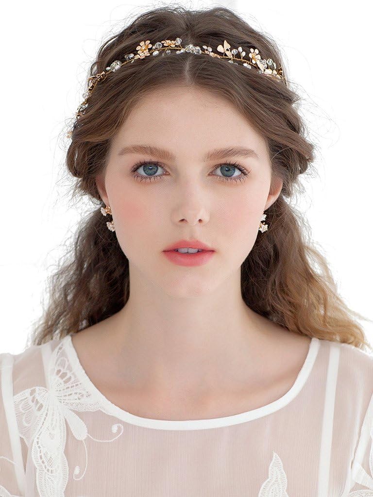 Women's Gold Pearl and Rhinestone Ribbon Tie Bendable Wedding Hair Band