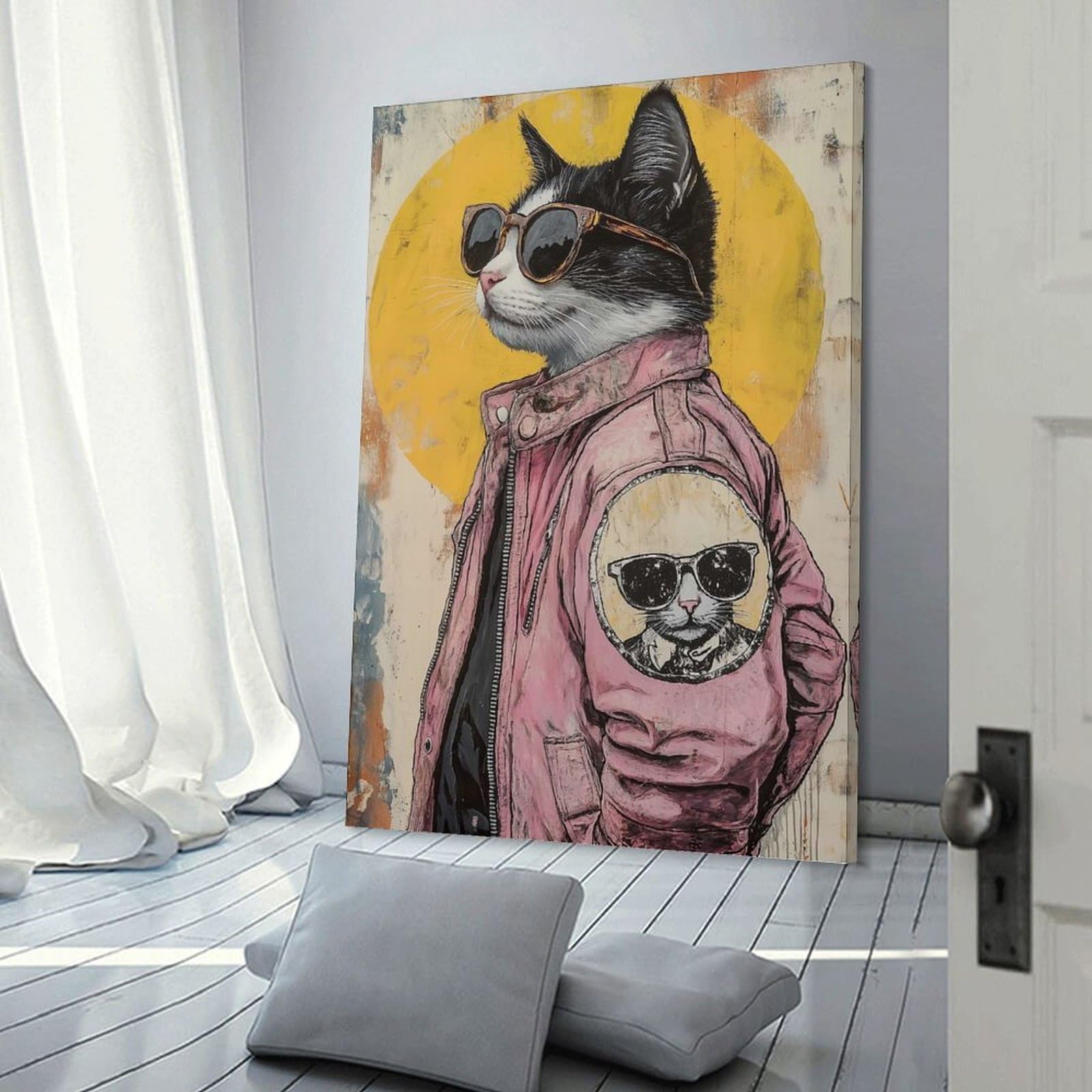 Junmoney Cool Cat in Sunglasses Wall Picture Print 20x30inch(50x75cm), for Calm Bedrooms, Home Corners Or Flats, Home Artwork with A Soft Interior Feel