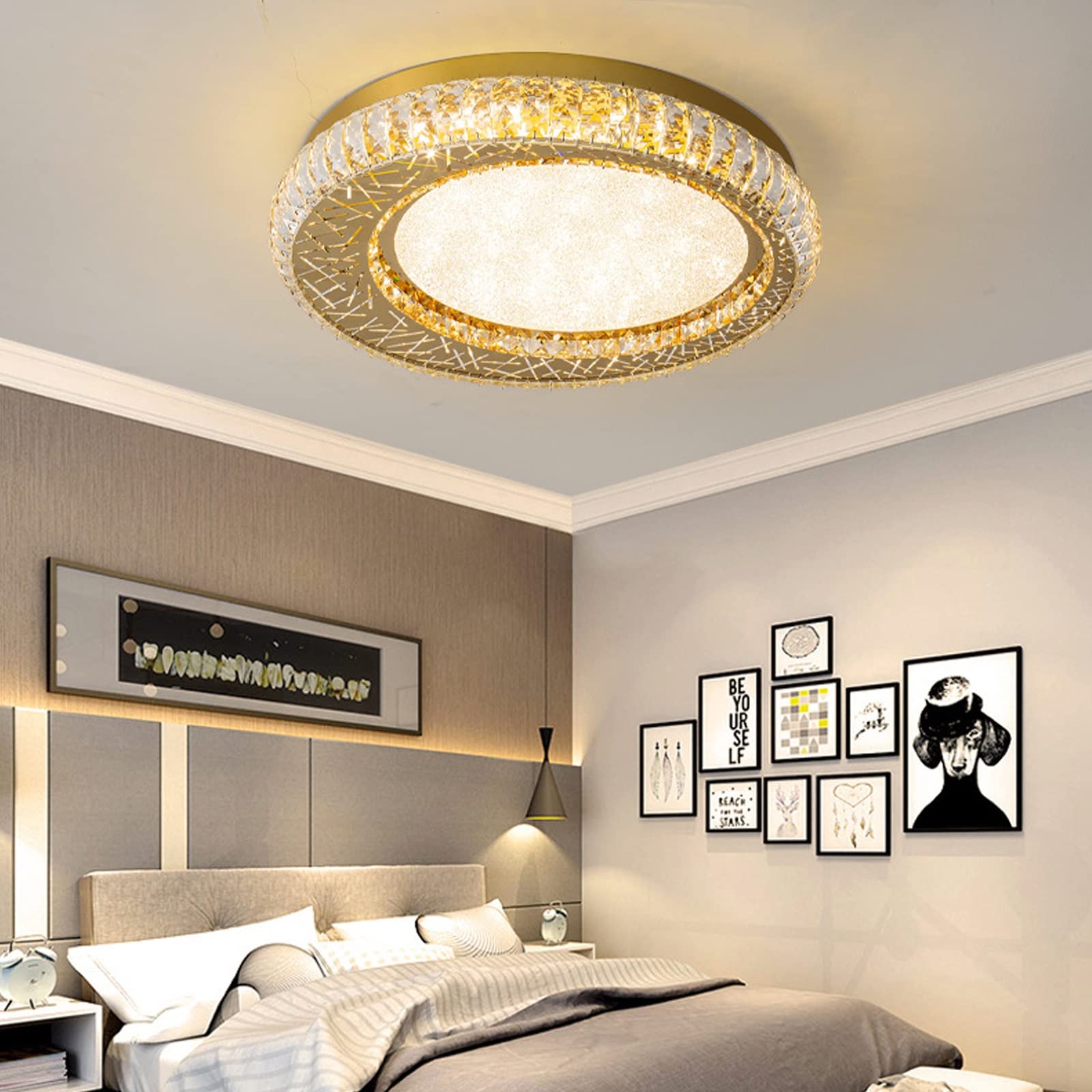 Lustre plafonnier LED 3 couleurs en cristal K9 de 72W pour éclairage de chambre et salon