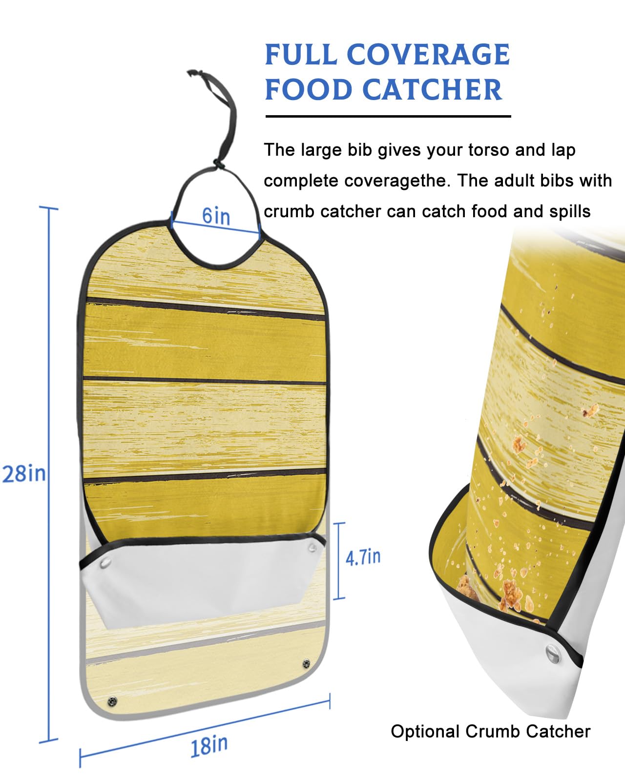 Yellow Wood Adult Bibs for Eating, Waterproof Bibs with Food Catcher & Adjustable Snap Closure, Farmhouse Retro Wooden Grain Striped Washable Clothing Protectors Adult Bibs for Elderly Women/Men