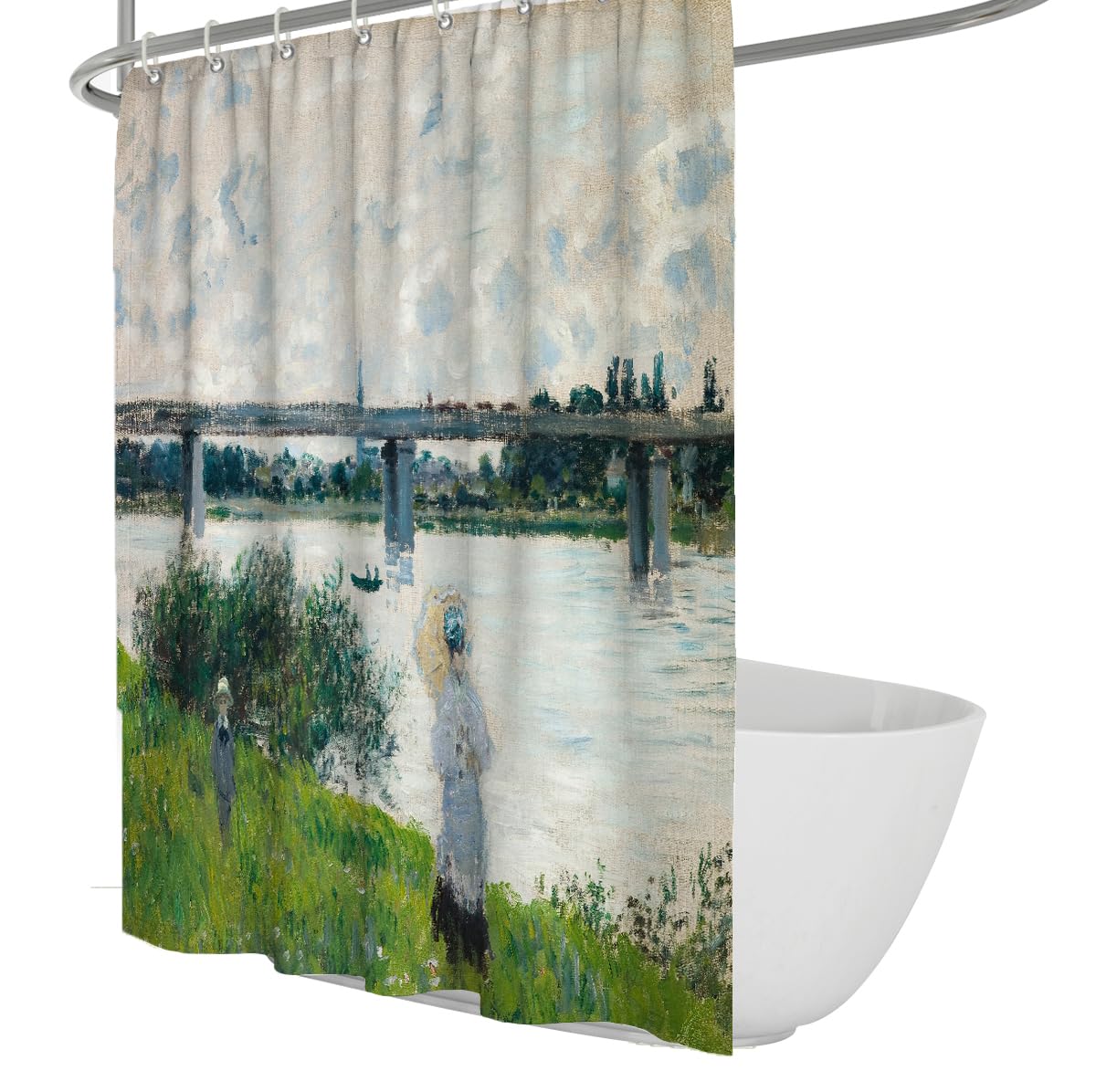 OLLIAR Home Nature Landscape Shower Curtain Impressionist Style River Scenery Shower Curtains for Bathroom Decor Waterproof Fabric Bath Curtain with Hooks 240x180cm