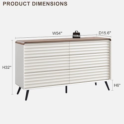 Miniatura 2 de RedLemon Cómoda de 6 cajones para dormitorio, cómoda doble de madera acanalada moderna de mediados de siglo de 54 pulgadas de ancho, cajonera con