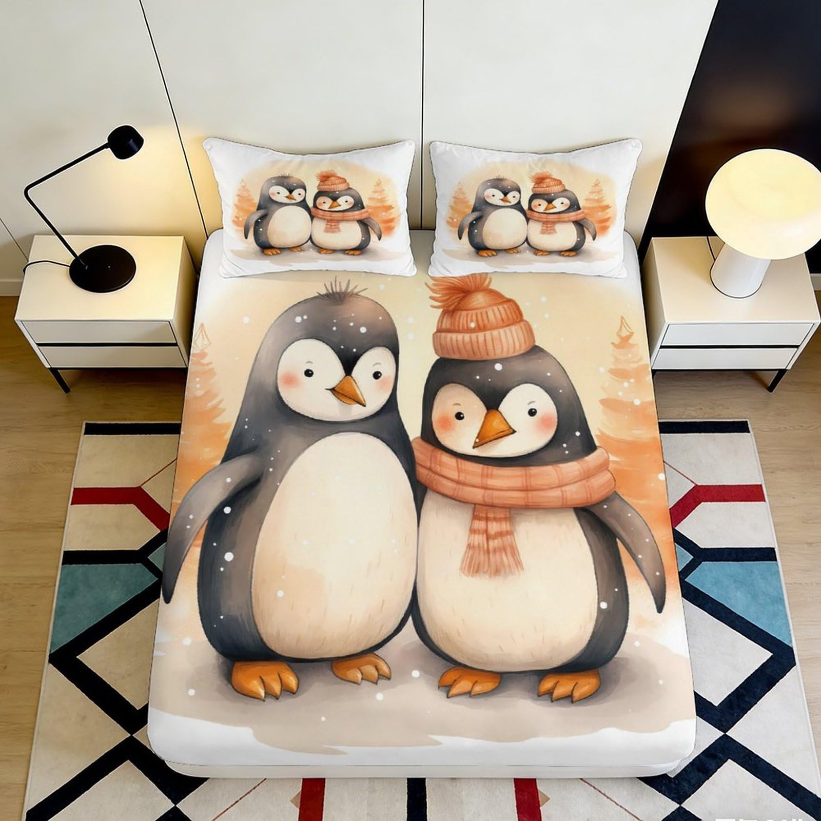 3D Printed Cute Penguin Fitted Sheet Microfiber Cozy Winter Scene Mattress Cover for Bedroom Dorm Easy Care 200x200x25cm