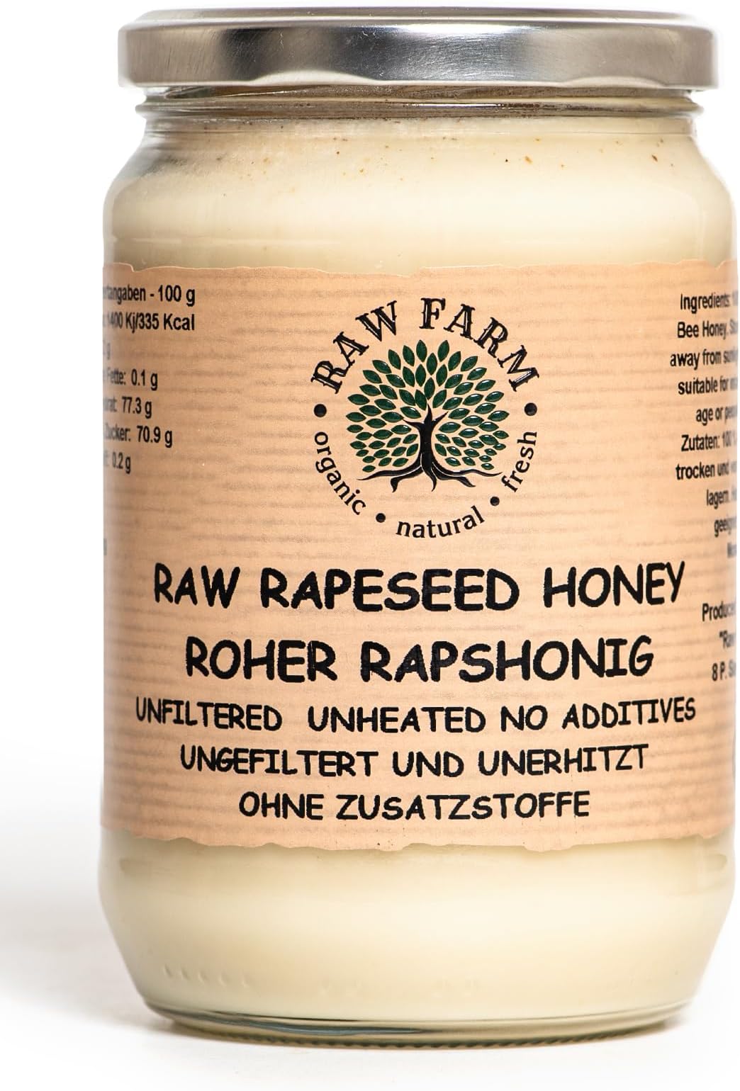 Raw Farm - Pure Raw Rapeseed Honey - Unfiltered, Unheated, Unprocessed, Cold-Extracted – Rich in Enzymes & Pollen, Straight from RAW FARM Bee hives 900 g