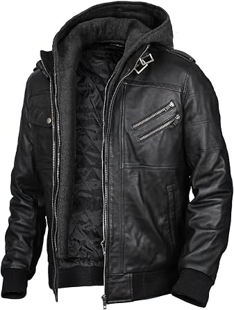 Mens leather jacket Geniune motorcycle Fashion jacket men with removable hood leather jacket for man Leather jacket.
