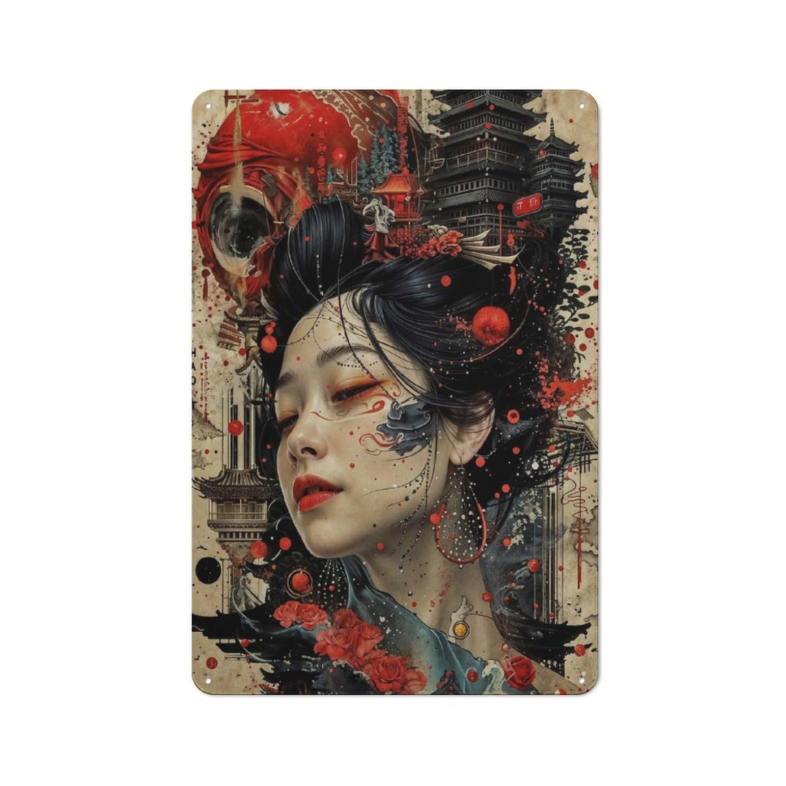 Junmoney Style-14 Geisha Japanese Retro Metal Wall Decor 30X20cm, Decorative Tin Plaque For Bar, Kitchen, Garage Or Games Room