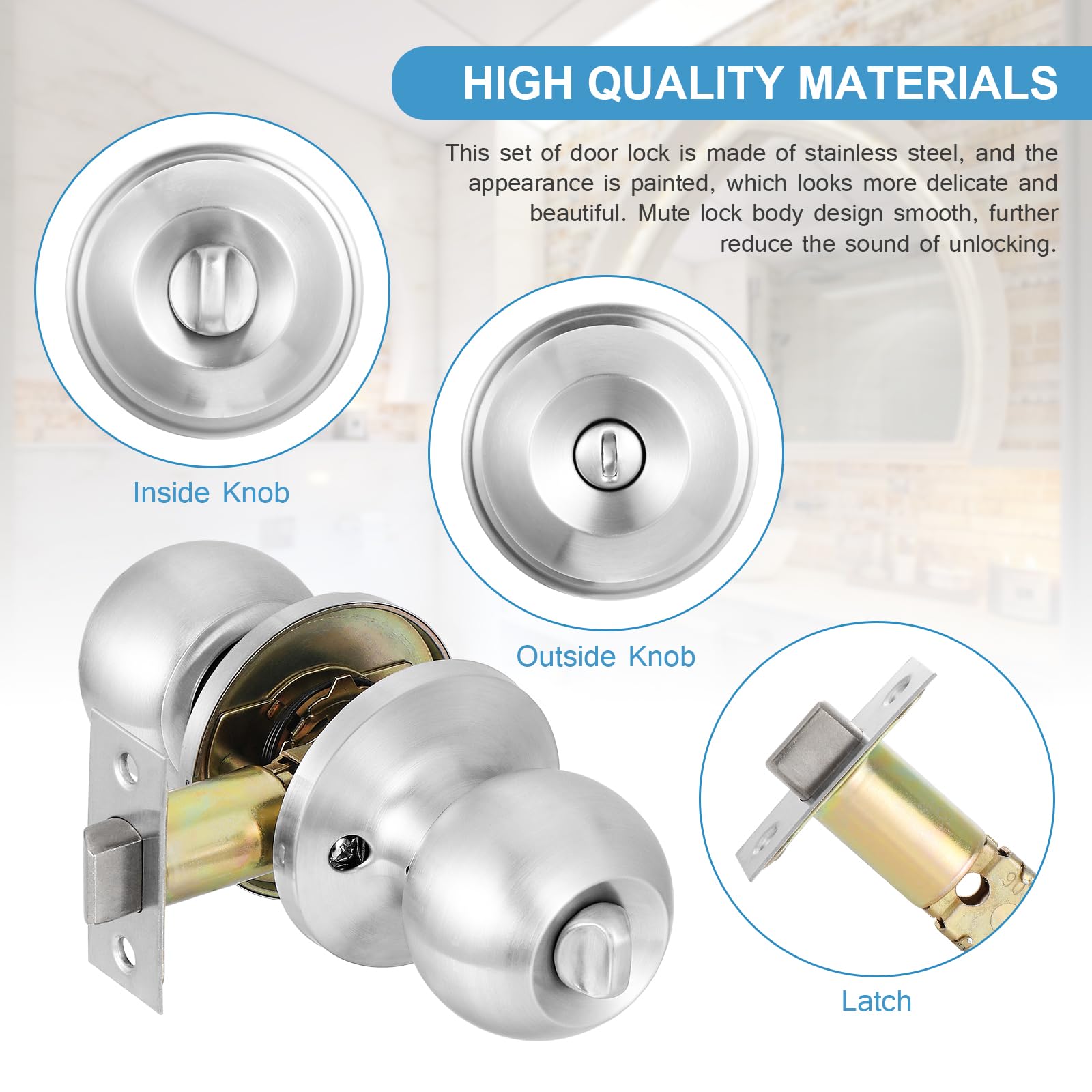 Coolty Privacy Door Knobs Keyless Lock Set Round Door Handle for Bedroom Bathroom Interior Doors Privacy Use(Silver) - Image 3