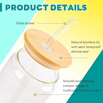 Joyclub Bundle of Glass Cups with Bamboo Lids and Straws 4 Set 16 oz and 4 Pack Acrylic Lids