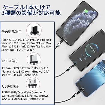 マグネット充電ケーブル【9個端子+ 1.2M3本入り】 充電ケーブル-マグネット USB-C充電ケーブル 磁石 540度回転 1.2M+1.2M+1.2M 充電コードType-C + Ligting + USB-B ケーブル For Pad Air/Pad Pro/For Phone 14 / 13