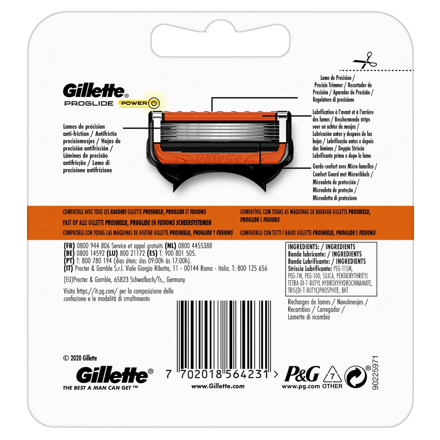 Gillette Fusion 5 Proglide Power Lamette da Barba, per Rasoio di Sicurezza, Confezione da 4 Ricambi da 5 Lame, Rifinisce le Aree più difficili