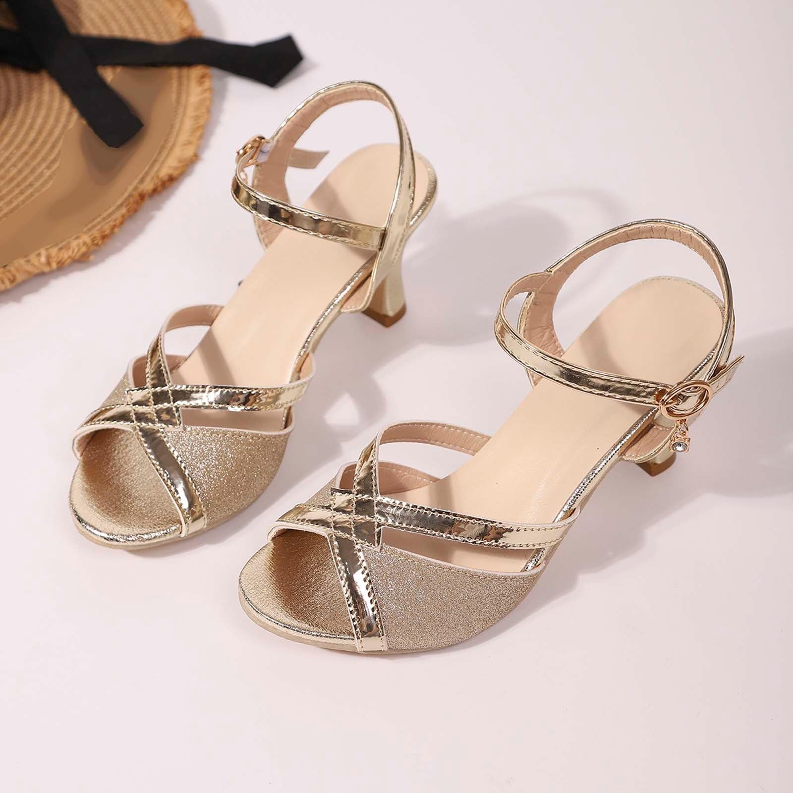 Generico Scarpe da Ballo Donna Eleganti 35-43 EU in Pelle con Tacco 5.5cm, Punta Chiuse e Cinturino alla Caviglia Sandali Estive Comode con Suola Gomma per Latino Americano, Cerimonie, Feste