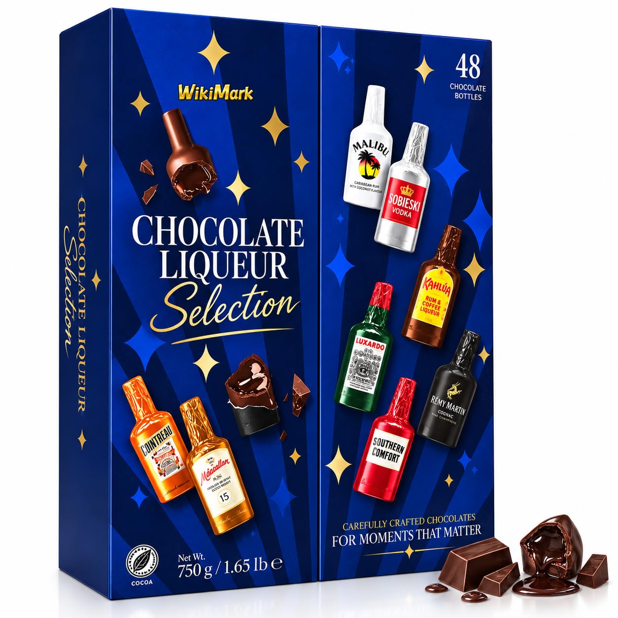 Bouteilles de chocolat remplies d'alcool – Nouvelle édition 2025 avec de nouvelles saveurs – Comprend une boîte à bouteilles WikiMark. 1 Kg - 64 Bouteilles.