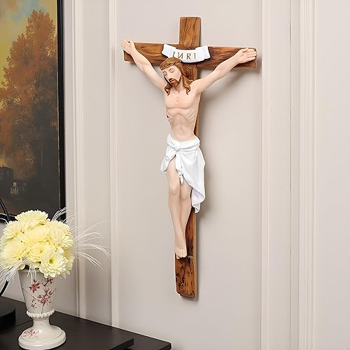 Miniatura 4 de Comfy Hour Crucifijo de pared de resina de Jesucristo de 7 pulgadas con INRI, decoración cristiana de la capilla, decoración de cruz religiosa, arte