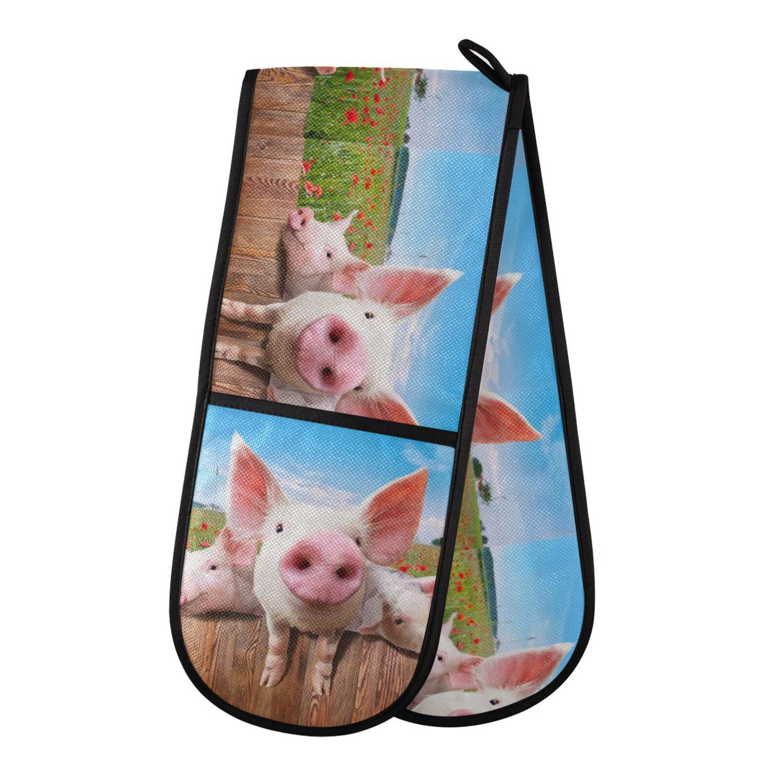 Double Oven Glove Cute Pig Heat Resistant Double Ovens Mitt Modern Cooking Gloves Potholders — image 1