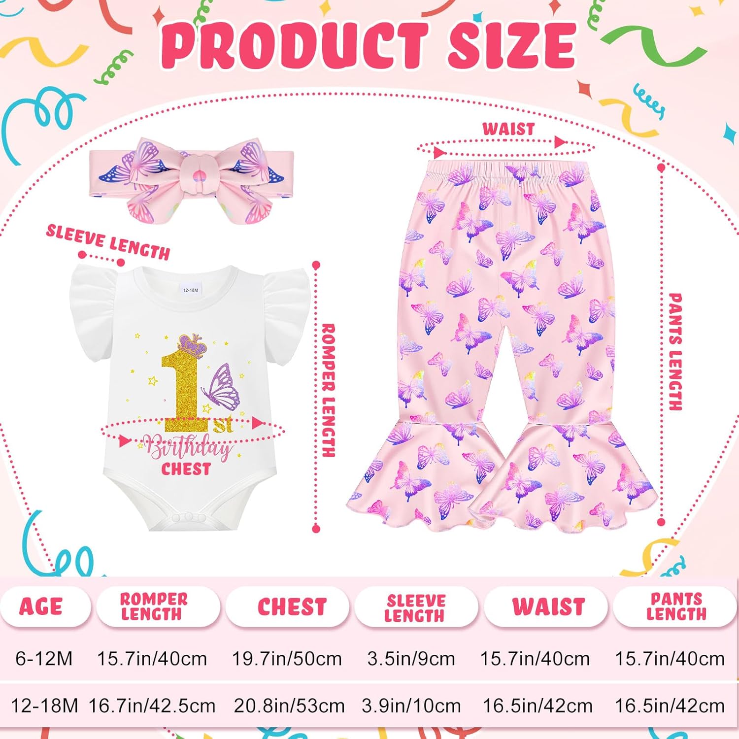 Baby 1st Birthday Outfit Girl One Year Old Clothes Butterfly Romper Flared Pant Headband Set for Little Girl Gifts - Image 2