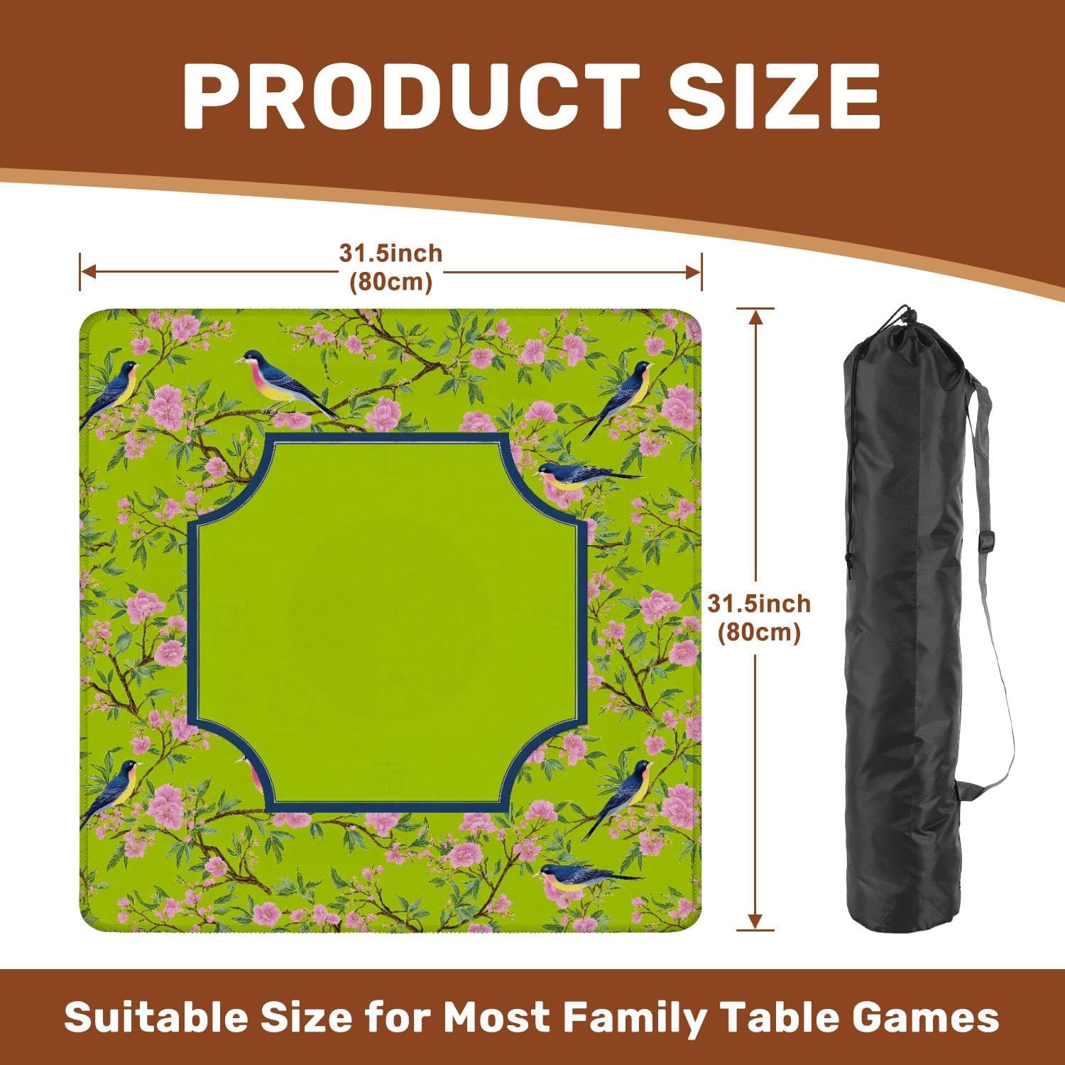 Mahjong Mat with Carrying Bag 31.5" x 31.5" Non-Slip Noise Reduction Floral Birds Vibrant Pink Flowers Green Decorative Frame Design Table Mat for Mahjong Poker Dominoes Card Board Tile Games