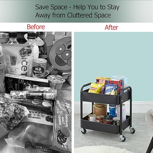 Miniatura 6 de Melody House Carrito de almacenamiento de 2 niveles totalmente metálico con asa y ruedas de bloqueo, cocina, lavandería, oficina, organizador de