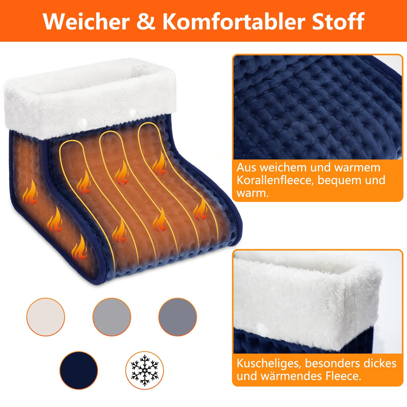 Biutee Fußwärmer Elektrisch 2,5 m Netzkabel, Fusswärmer mit 10 Temperaturstufen 3 Timer und Waschbares Innenfutter, 30-60℃, Fuß Wärmer für den Einsatz im Büro und zu Hause, Marineblau