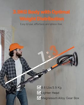 VEVOR Wall Smoother, 900W Electric Tool with 12 Sanding Discs, 800 to 1800 RPM Speed, 3 Vacuum Hoses, Collapsible for Ceiling Use, Dual LED Lights, Telescoping Handle, and Built-in Dust Collector