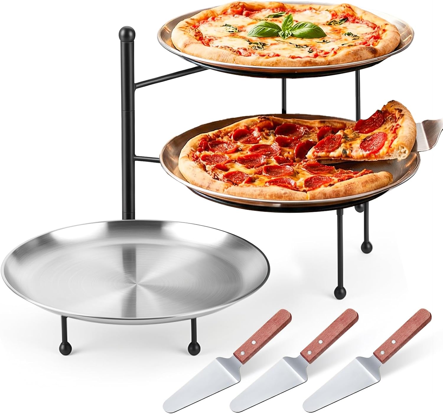 3-Tier Pizza Stand for Party, Black Metal Pizza Rack with Tiered Tray Stand & 3 Pizzas Pan & 3 Wood Handle Serving Spatulas, Space-Saving Display Pizza Rack for Buffet, Catering, Party (10.2” H)