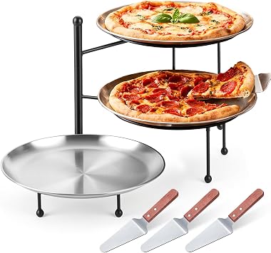 3-Tier Pizza Stand for Party, Black Metal Pizza Rack with Tiered Tray Stand & 3 Pizzas Pan & 3 Wood Handle Serving Spatulas, Space-Saving Display Pizza Rack for Buffet, Catering, Party 10.2 H