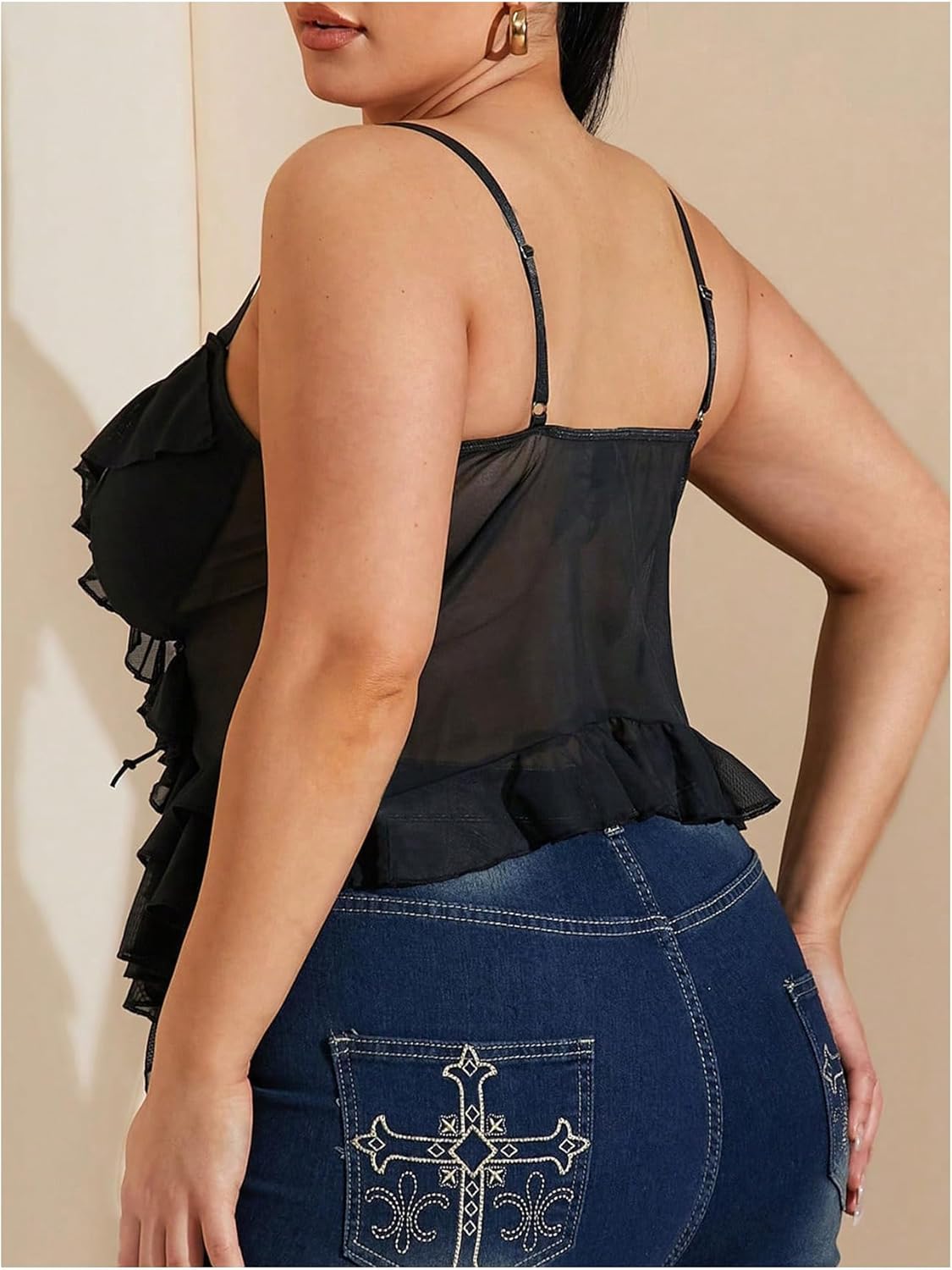 MakeMeChic Women's Plus Size Mesh Camisole Asymmetrical Criss Cross Ruffle Y2k Tank Tops - Image 3