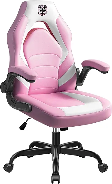 BestGlory Gaming Chair, Leather High-Back Home Office Desk Chair with Flip-Up Arms, Ergonomic Padded Rolling Wheels Swivel Tilt Gamer Computer Chair with Comfy Lumbar Support, Height Adjustable, Pink