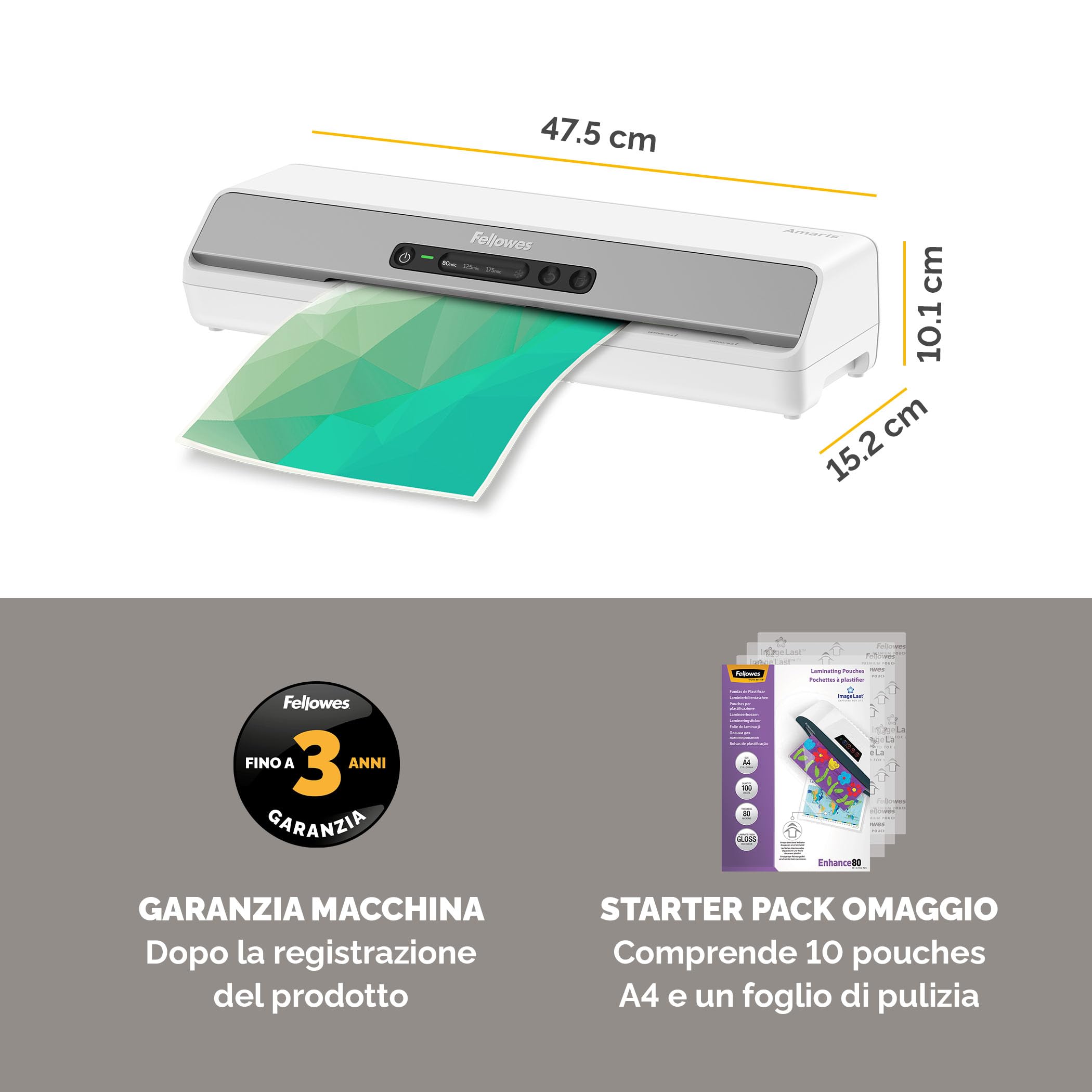 Fellowes plastificatrice a caldo Amaris A3, formato A3, fino a 175 micron, per casa e ufficio, riscaldamento rapido, con retromarcia e modalità riposo, 6 rulli, incluso starter pack di 10 pouches