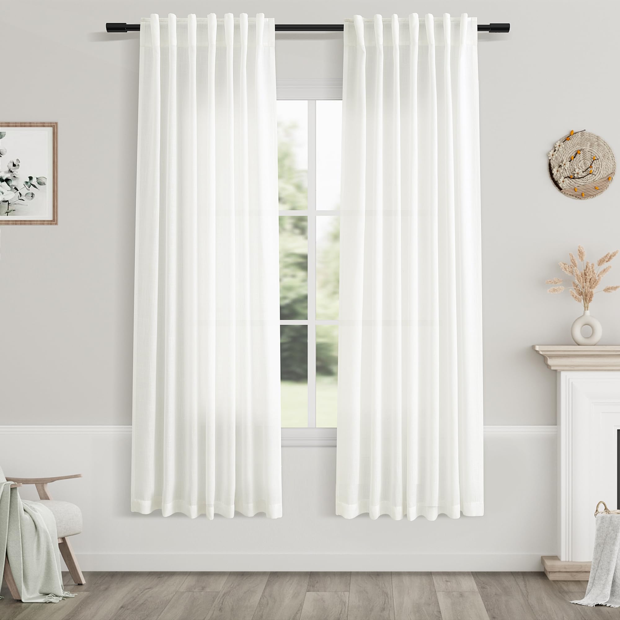 Nanspring Ivory Semi Sheer Curtains 72 Inches Long 2 Panels Set for Bedroom Back Tab Rod Pocket Light Filtering Privacy Drapes Cotton Linen Textured