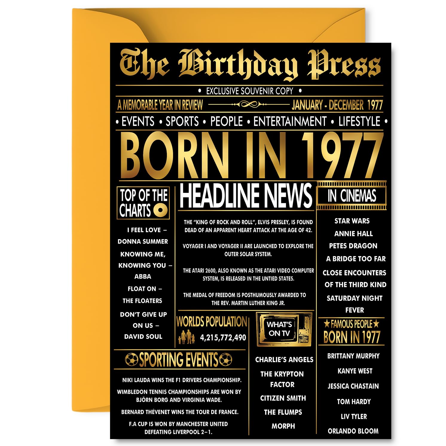Gold 49th Birthday Card for Men Women - Black & Golden Newspaper Born in 1977 - Happy 49 Birthday Cards for Colleague Friend Daughter Uncle Sister Cousin, A5 Bday Greeting Cards