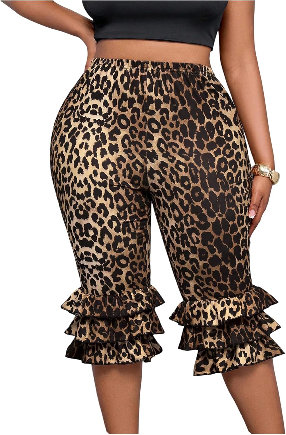 WDIRARA Women's Plus Size Leopard Print Layered Ruffle Skinny Capri Pants Stretch Elastic Waist Leggings