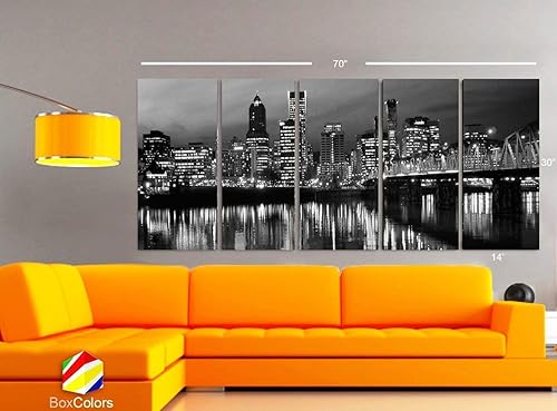 Miniatura 6 de XLARGE 30"x 70" 5 Panels 30"x14" Ea Art Canvas Print Portland Oregon skyline Black & white Wall Home decor (framed 1.5" depth)