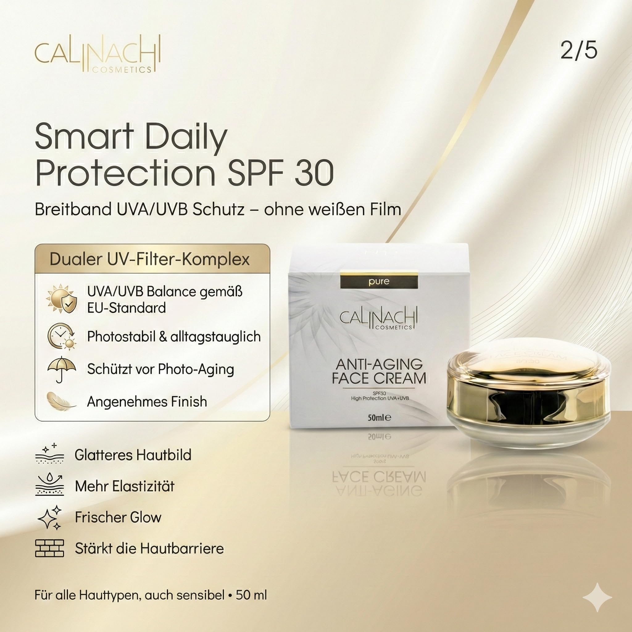 CALINACHI Anti-Aging Tages- & Nachtcreme Set 2x50 ml SPF 30 | Day-and-Night Anti-Aging Duo mit Matrixyl Synthe’6, Q10 und Hyaluron plus UVA/UVB Schutz am Tag