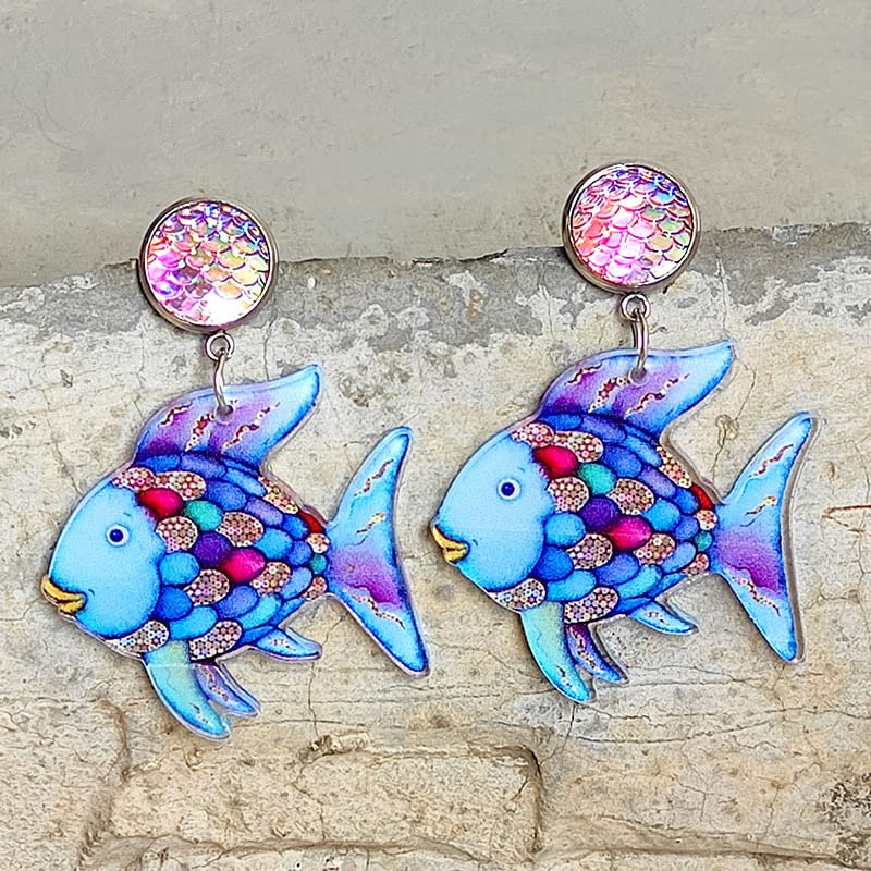 Rainbow Fish Earrings Handmade Acrylic Rainbow Fish Whale Mermaid Drop Dangle Earring Teacher Earrings for Teachers, Educators, Librarians Back to School Jewelry2