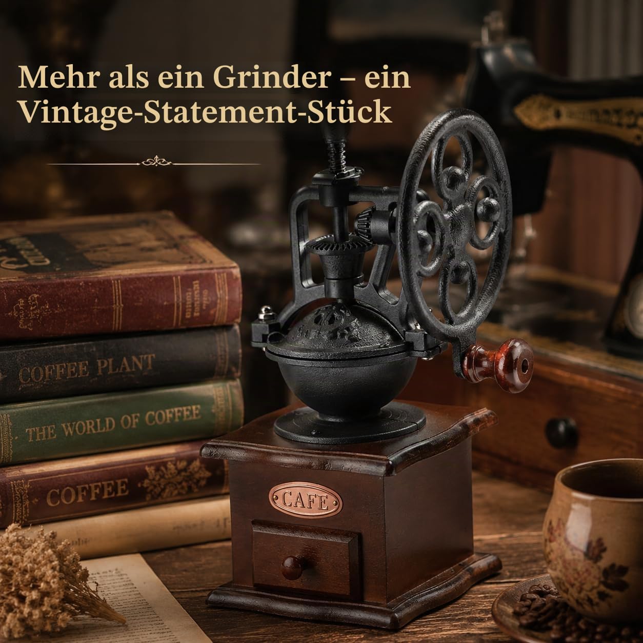 Zerodis Manuelle Kaffeemühle, Retro-Stil, Handkurbel, Holz, Keramik, Gusseisen, Mühle für Kaffeebohnen, Gewürze, Pfeffer, Getreide, Vintage-Dekoration