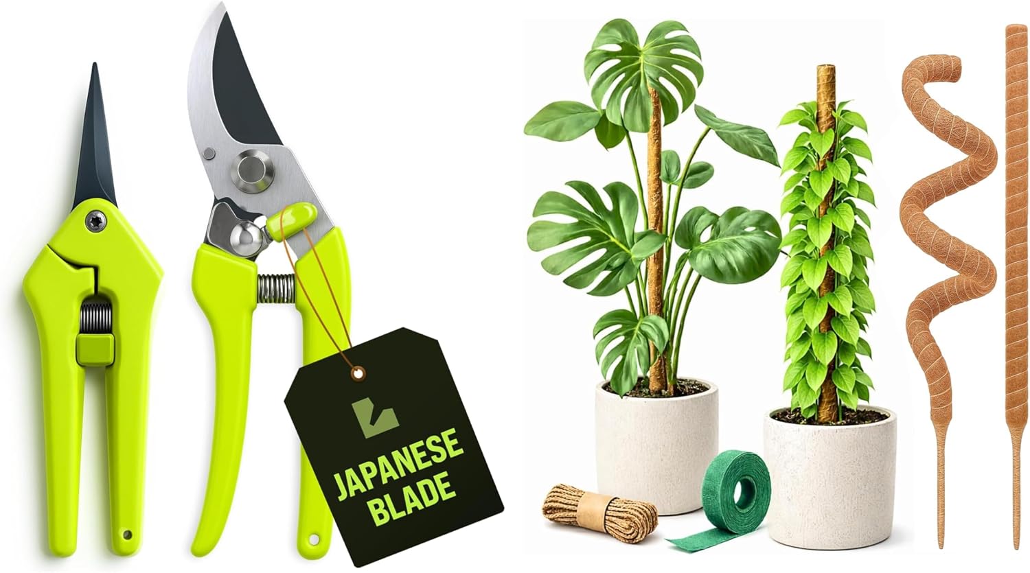Indoor Plant Care Bundle – 2-Pack Stainless Steel Pruning Scissors & 2-Pack 28" Bendable Moss Pole Plant Supports for Monstera, Pothos, Philodendron, Climbing Indoor Plants